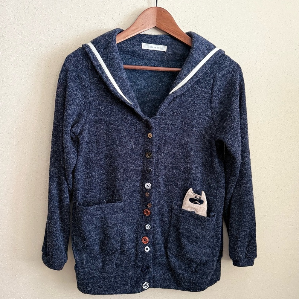 Umi by Life Wool Sailor Collar Cardigan Mixed Buttons Navy